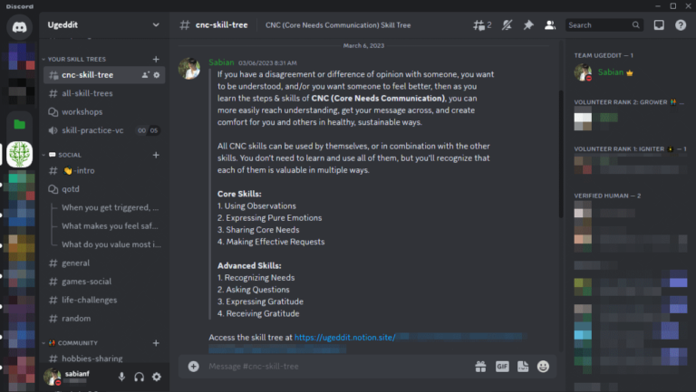 discord channel server community core needs nonviolent effective clean compassionate communication learning skill tree gamification levels